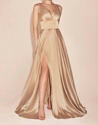 Ladivine - Long Satin A-line Dress With Slit