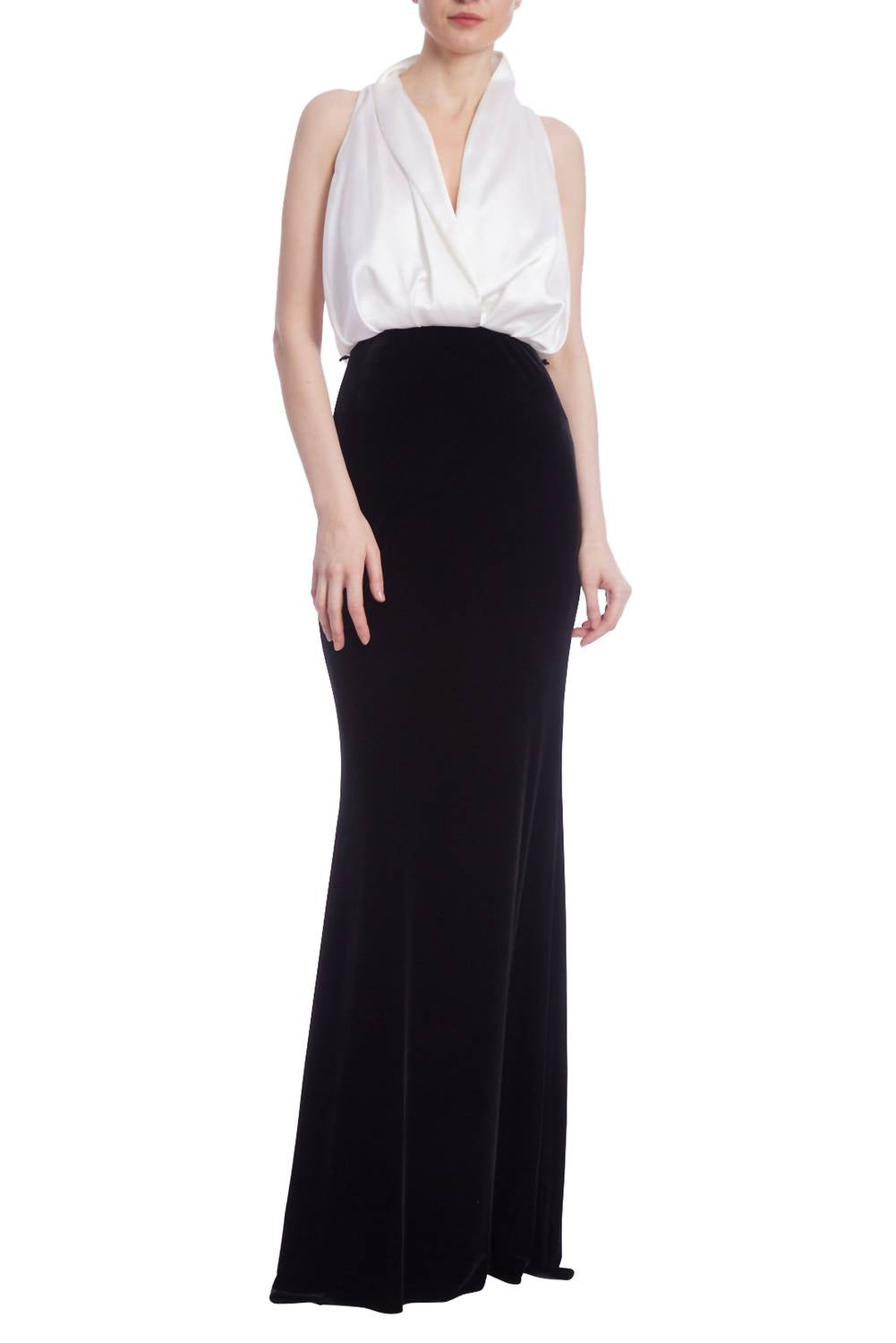Badgley Mischka - Women's Contrast Column Satin Shirt Velvet Skirt Subtle Bodice Gown