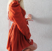 V NECK TRIM DETAIL PUFF SLEEVE MINI DRESS