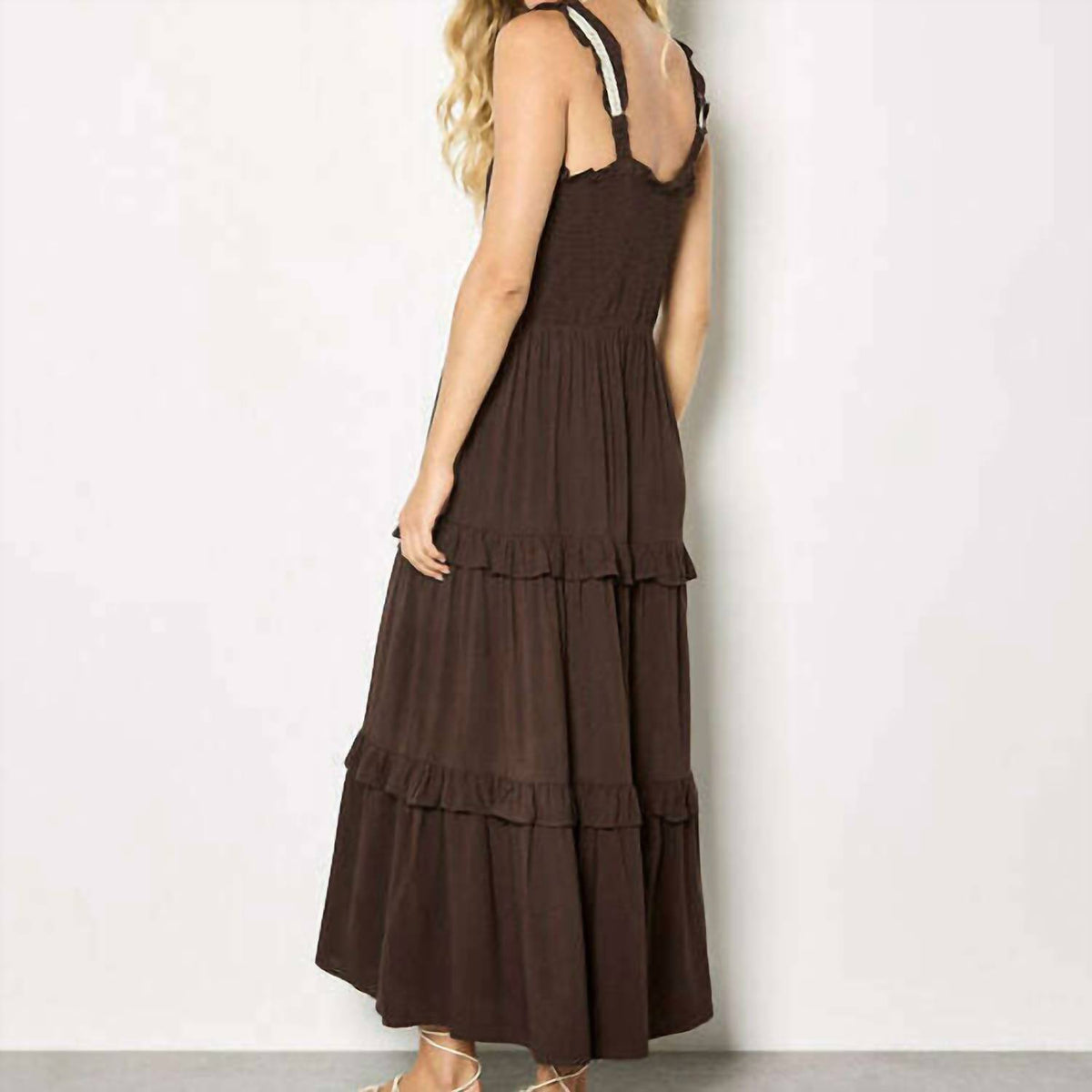 Apricot - Women's Smocked Tierred Crochet Dress