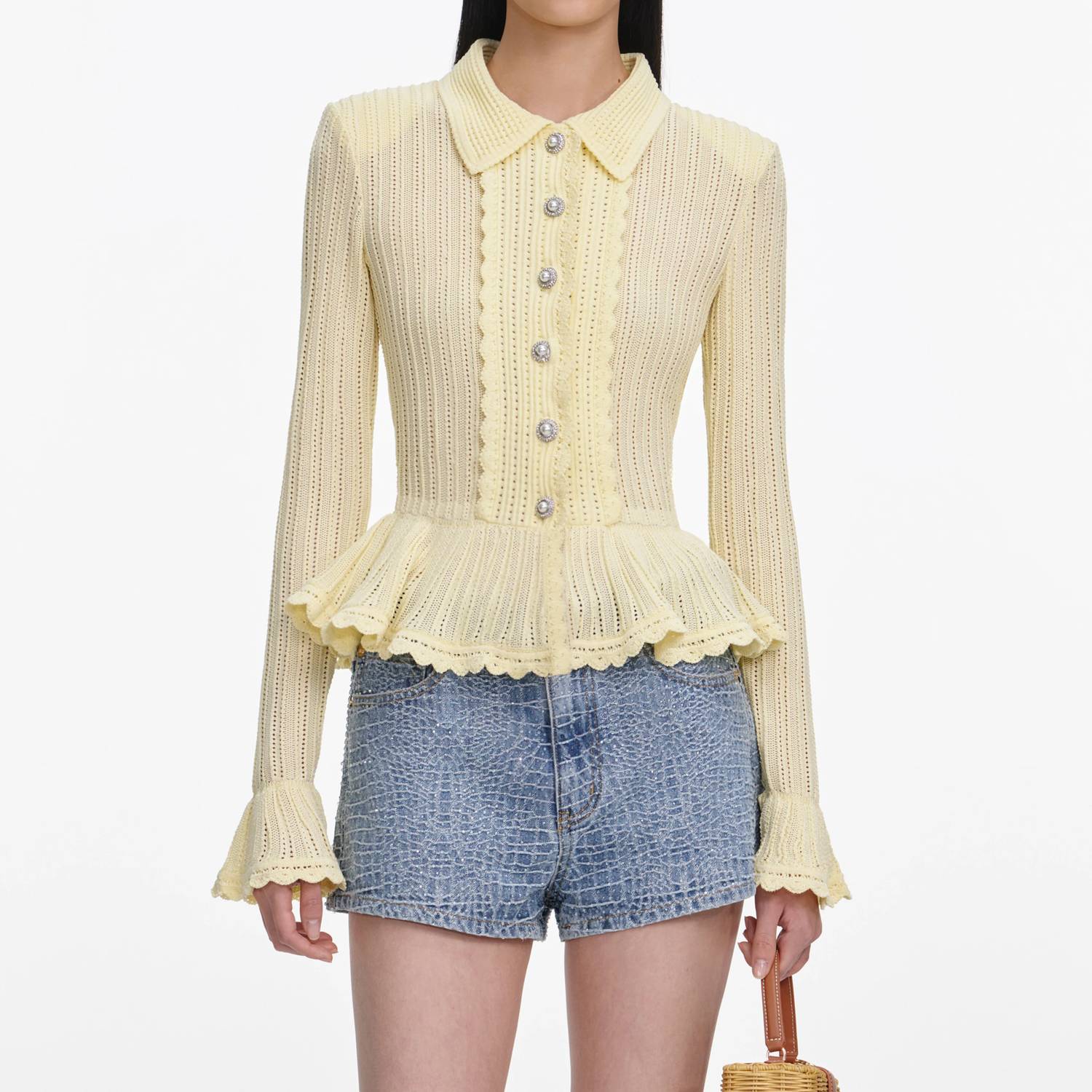 Self-Portrait - Rhinestone Croc Effect Denim Short