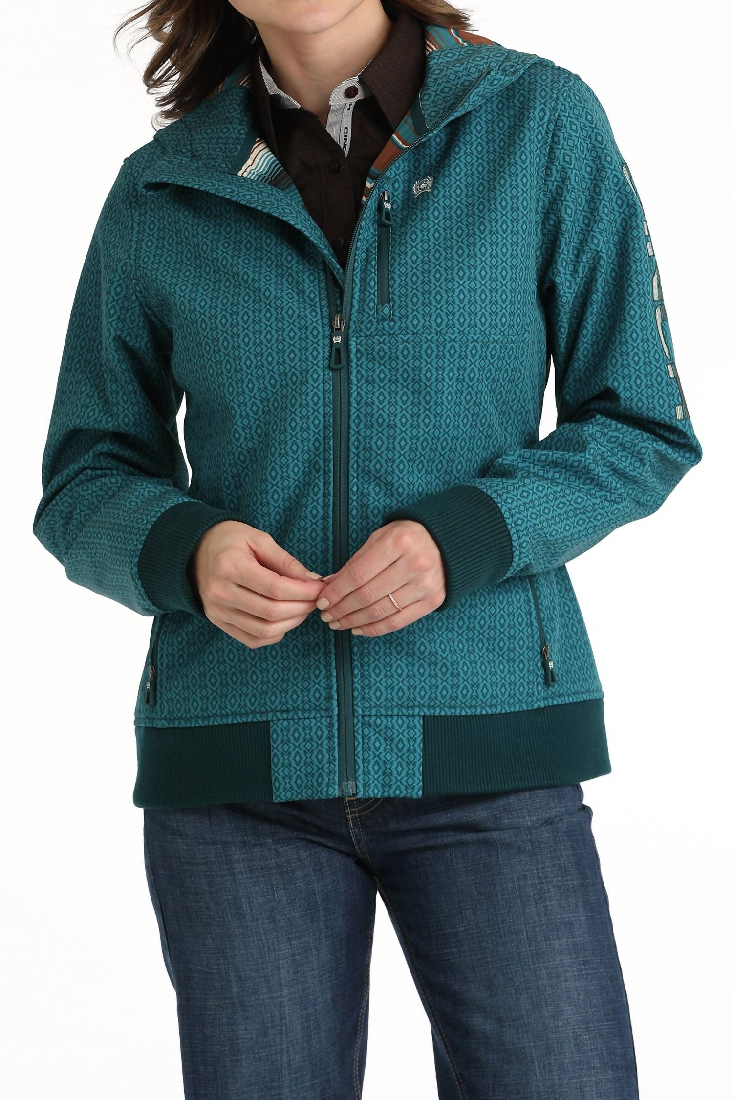 CINCH Women's Geo Print Hooded Jacket in teal - women's jacket - alternate view