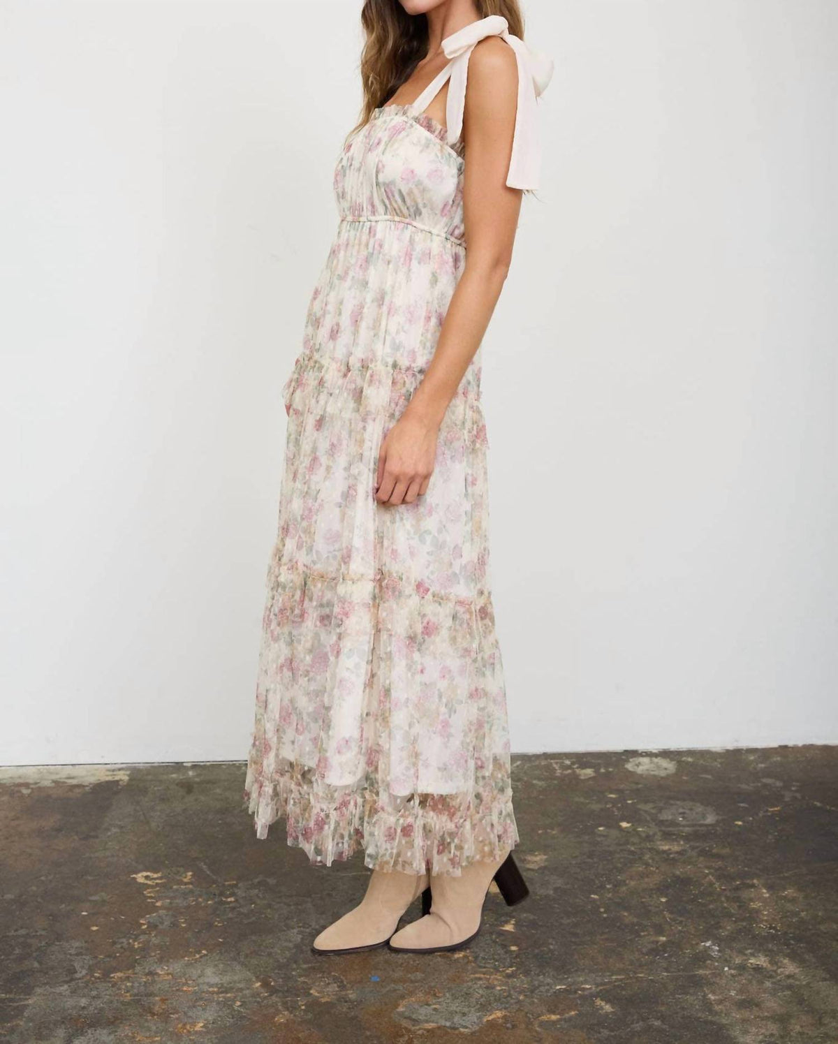 Blu Pepper - Floral Chiffon Tie Strap Ruffled Tiered Midi Dress