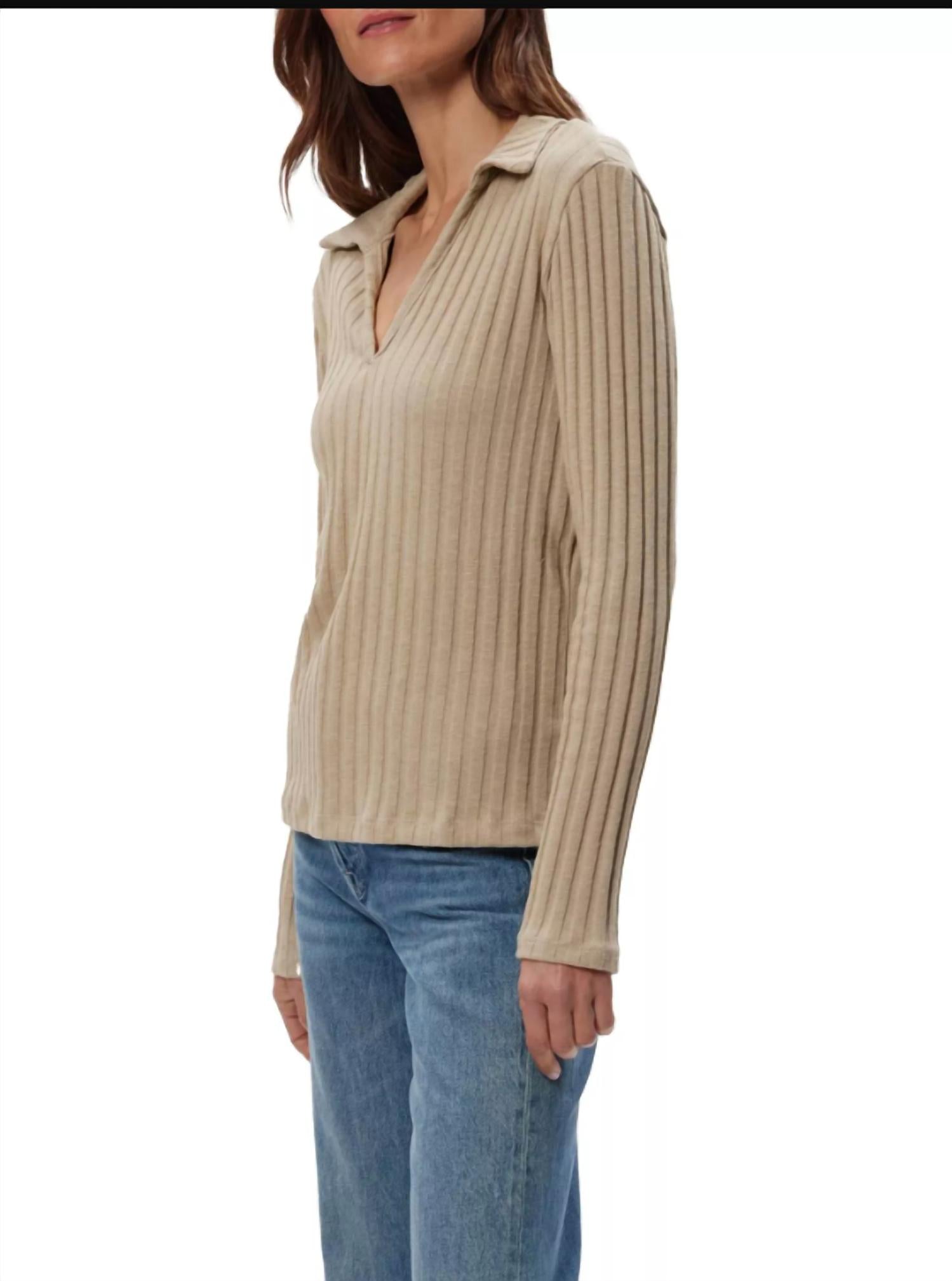Michael Stars Liyah London Rib Long Sleeve Collared Tee in macadamia - women's long sleeve top - detail view