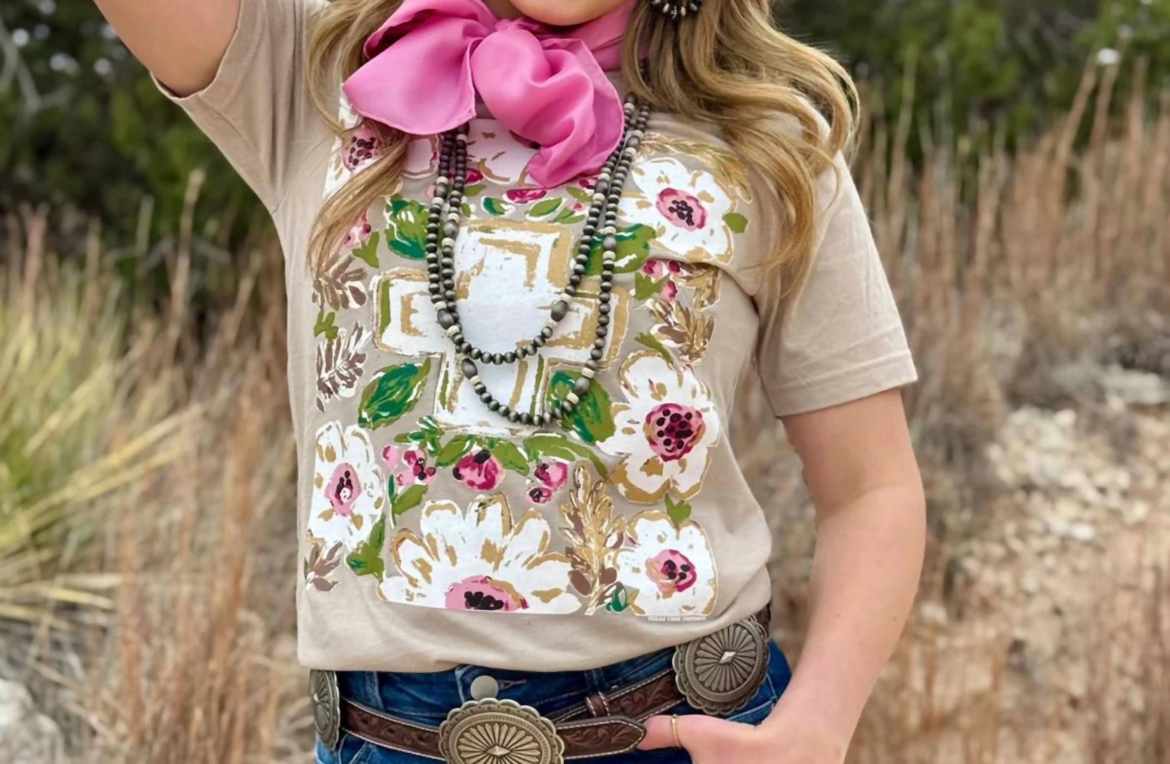 Texas True Threads Floral Cross Tee in gold - women's t-shirt