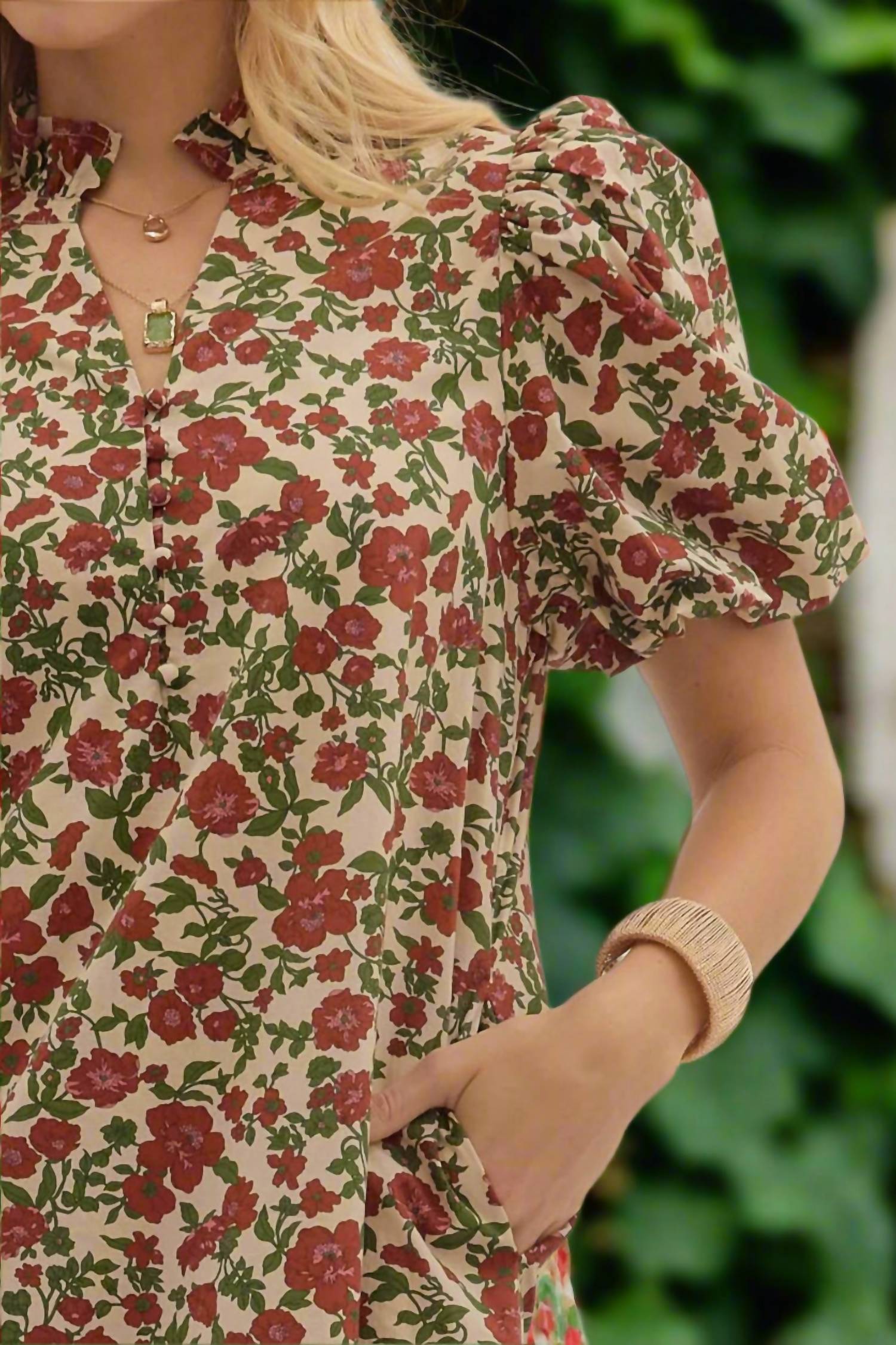 entro Fall Garden Floral Puff Sleeve Midi Dress in ecru - women's dress - view 6