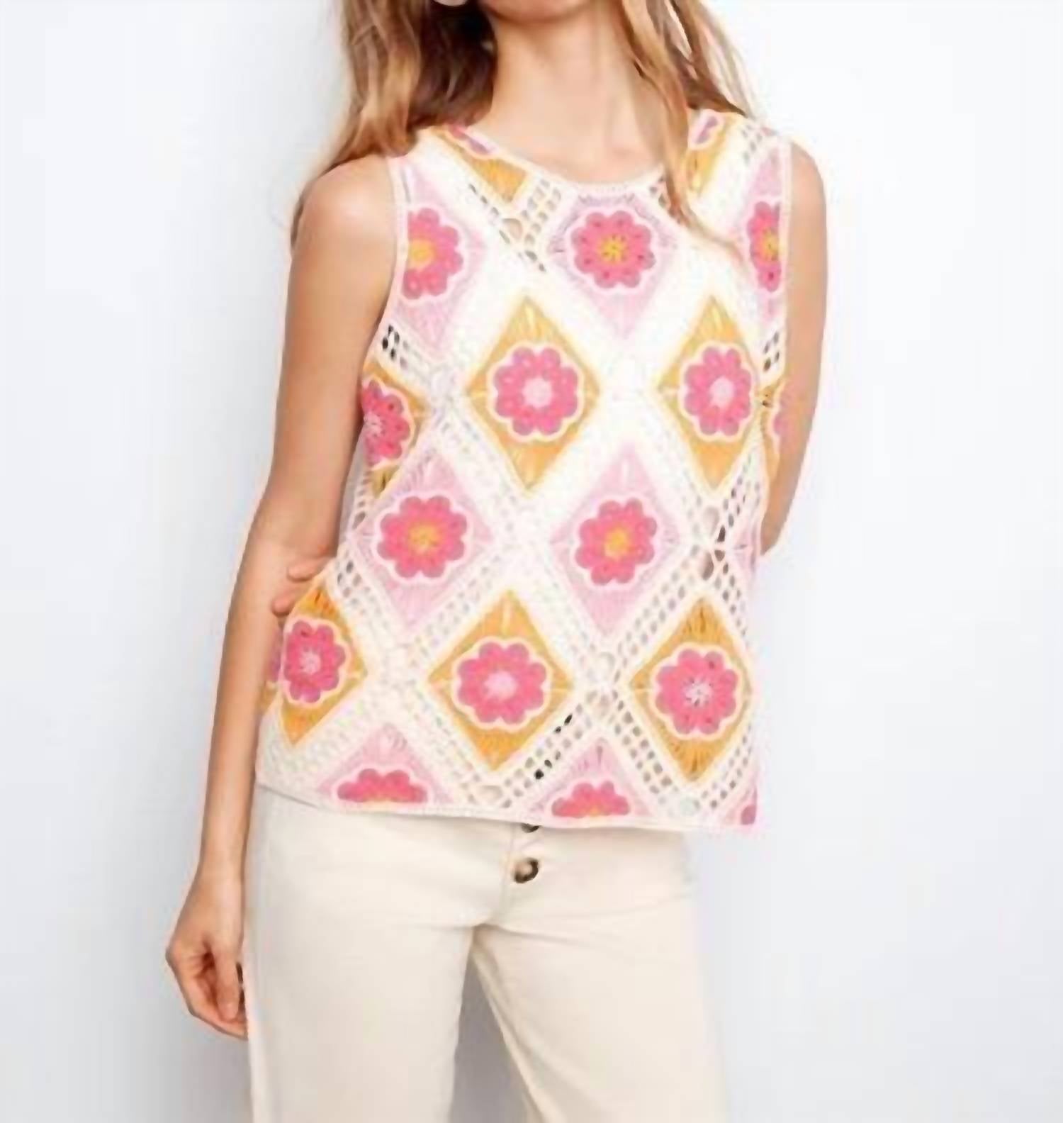 CHARLIE B Floral Sleeveless Crochet Cotton Blend Top in apricot - women's tank top