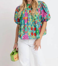 Karlie - Tropical Pleated Sleeve Top