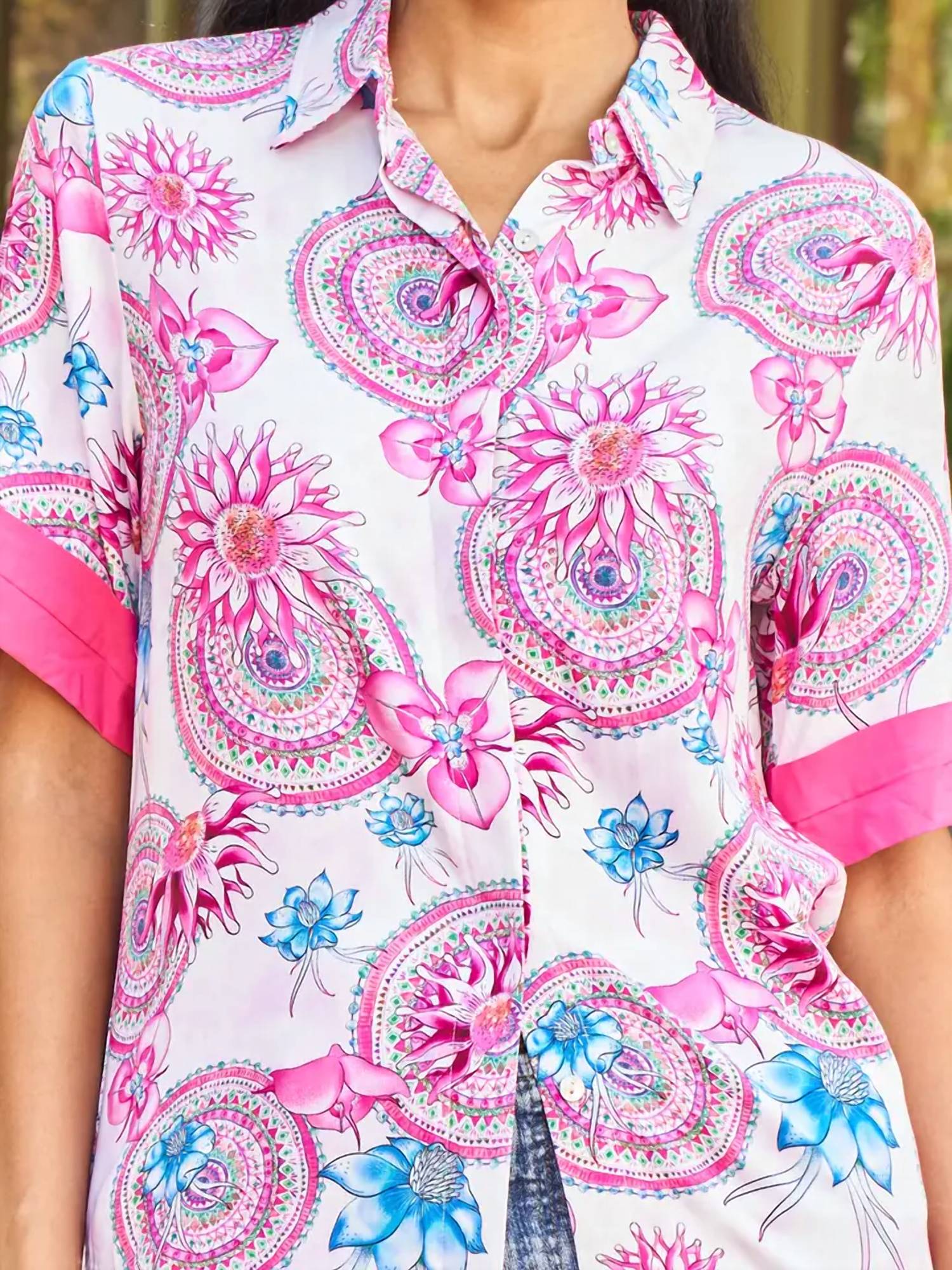 Paparazzi - Floral Mandala Short Sleeve Button-Front Shirt