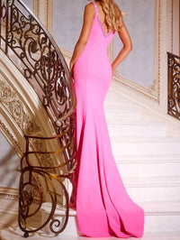 JOVANI V-neck Gown With Crystal Embellishments And High Slit in hot pink - women's dress - detail view