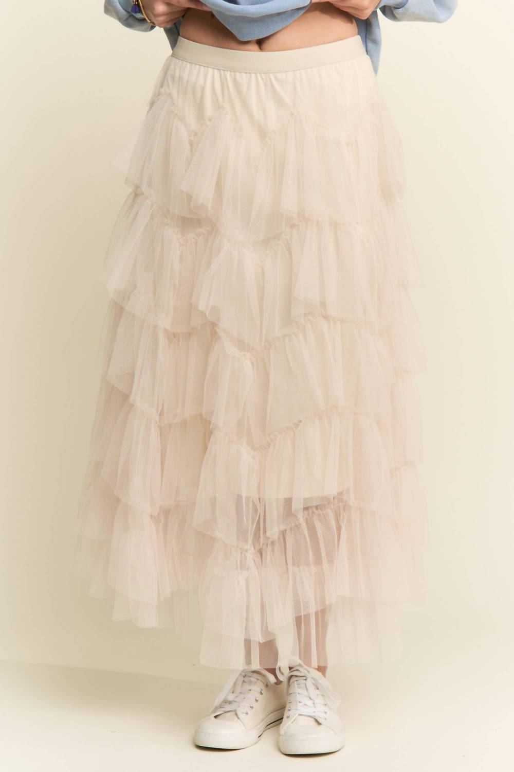J.Nna - Tiered Ruffle Mesh Lined Maxi Skirt