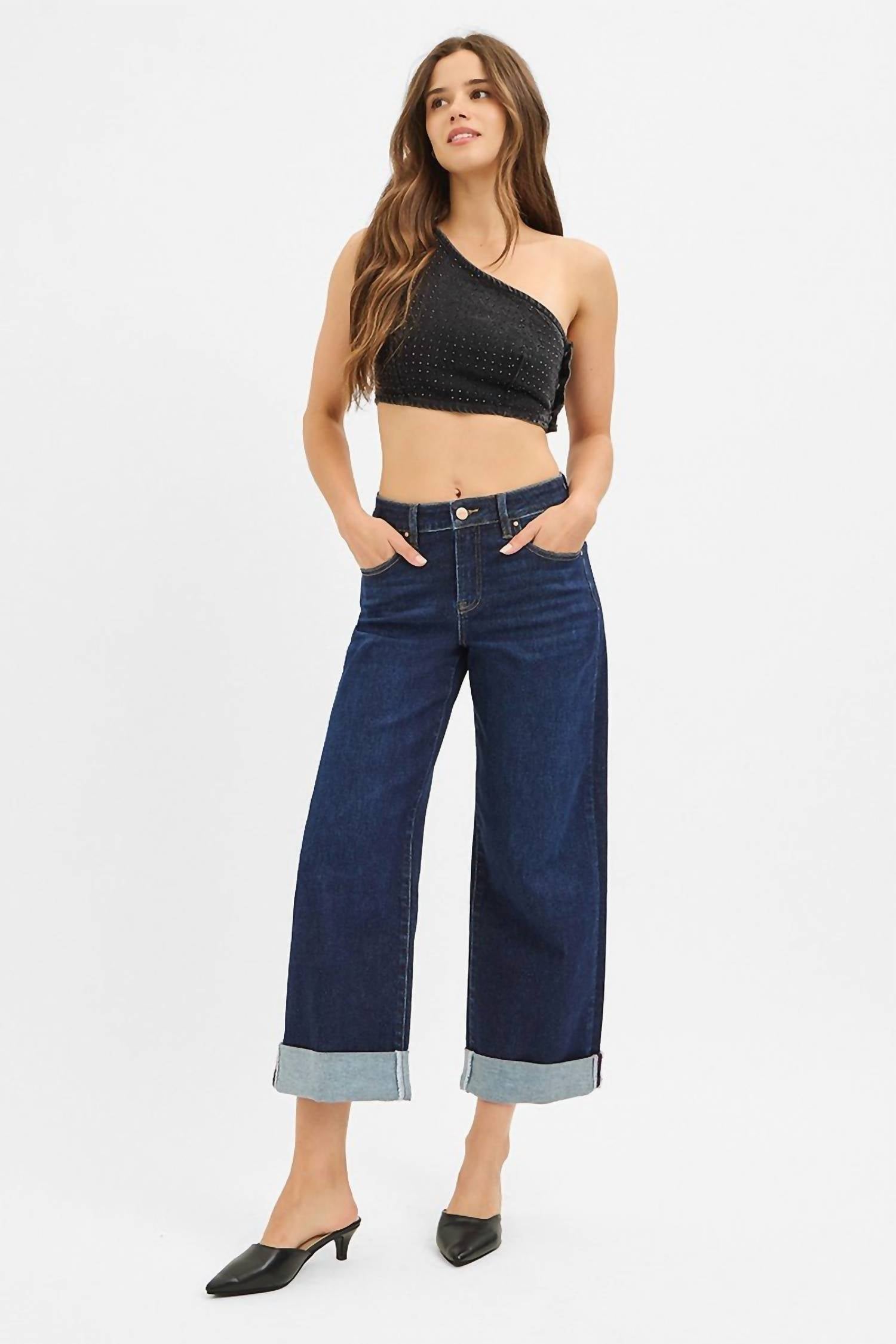 RISEN Mid Rise Wide Roll-up Jeans in dark wash - women's jeans - alternate view