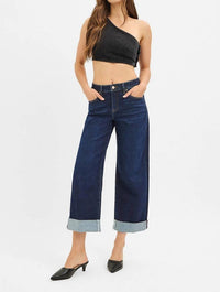 RISEN Mid Rise Wide Roll-up Jeans in dark wash - women's jeans - detail view