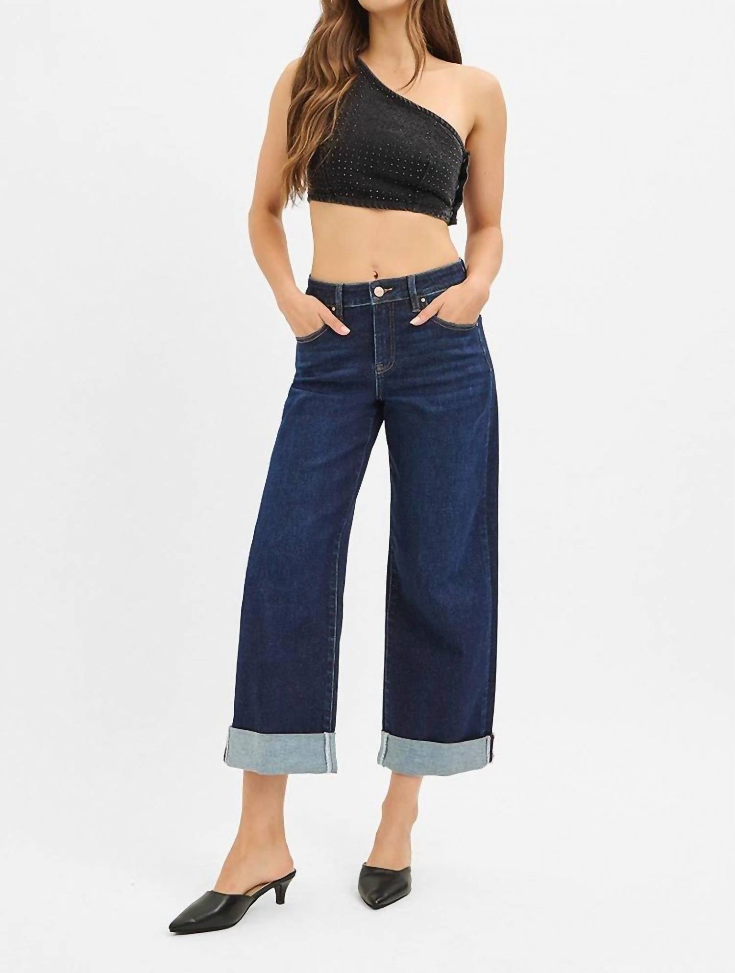 RISEN Mid Rise Wide Roll-up Jeans in dark wash - women's jeans - detail view