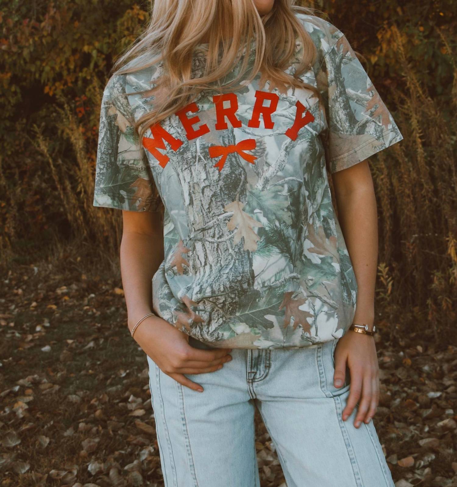 LivyLu Christmas Short Sleeve Tee in camo - women's t-shirt - alternate view
