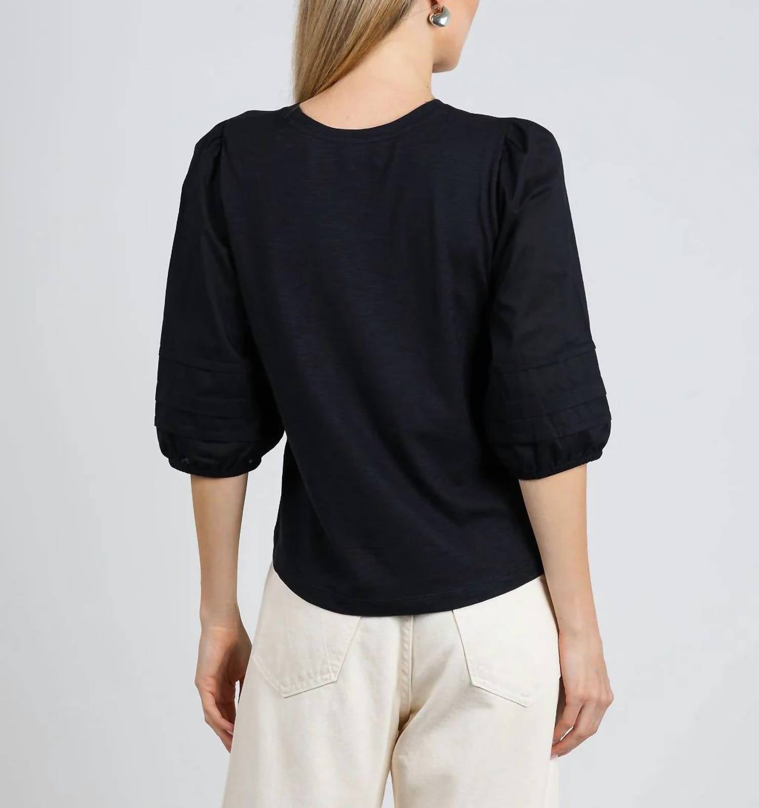 Elliott Lauren - Balloon Sleeve Knit Woven Combo Top
