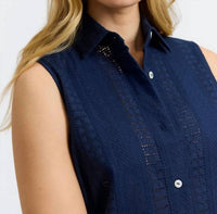 Foxcroft ADA Cotton Eyelet Sleeveless Shirt in navy - women's blouse - alternate view