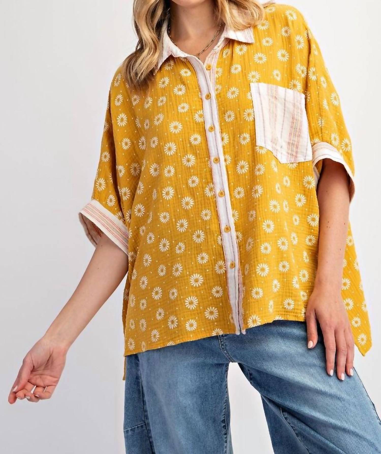 Surelymine - Sunny Vintage Relaxed Boho Button Down Blouse Top