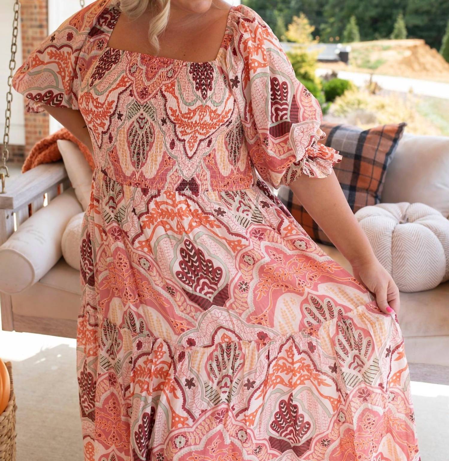 Fate Bohemian Brushstrokes Paisley Midi Dress - Plus in pink - women's dress - detail view