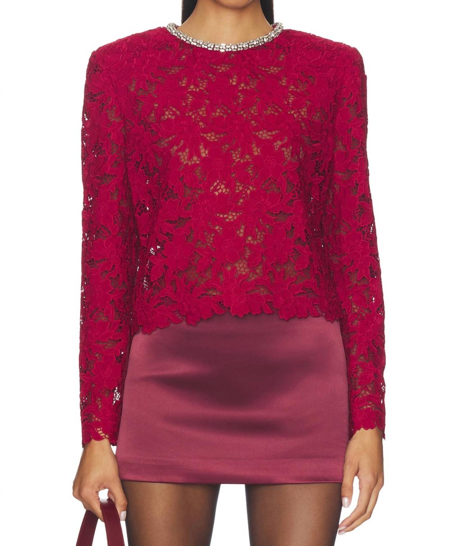 self-portrait Lace crystal trim top in burgundy - women's long sleeve top - alternate view