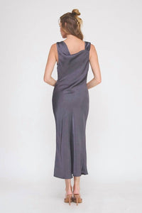 ALLIE ROSE Draped Midi Dress With Brooch Detail in midnight - women's dress - detail view