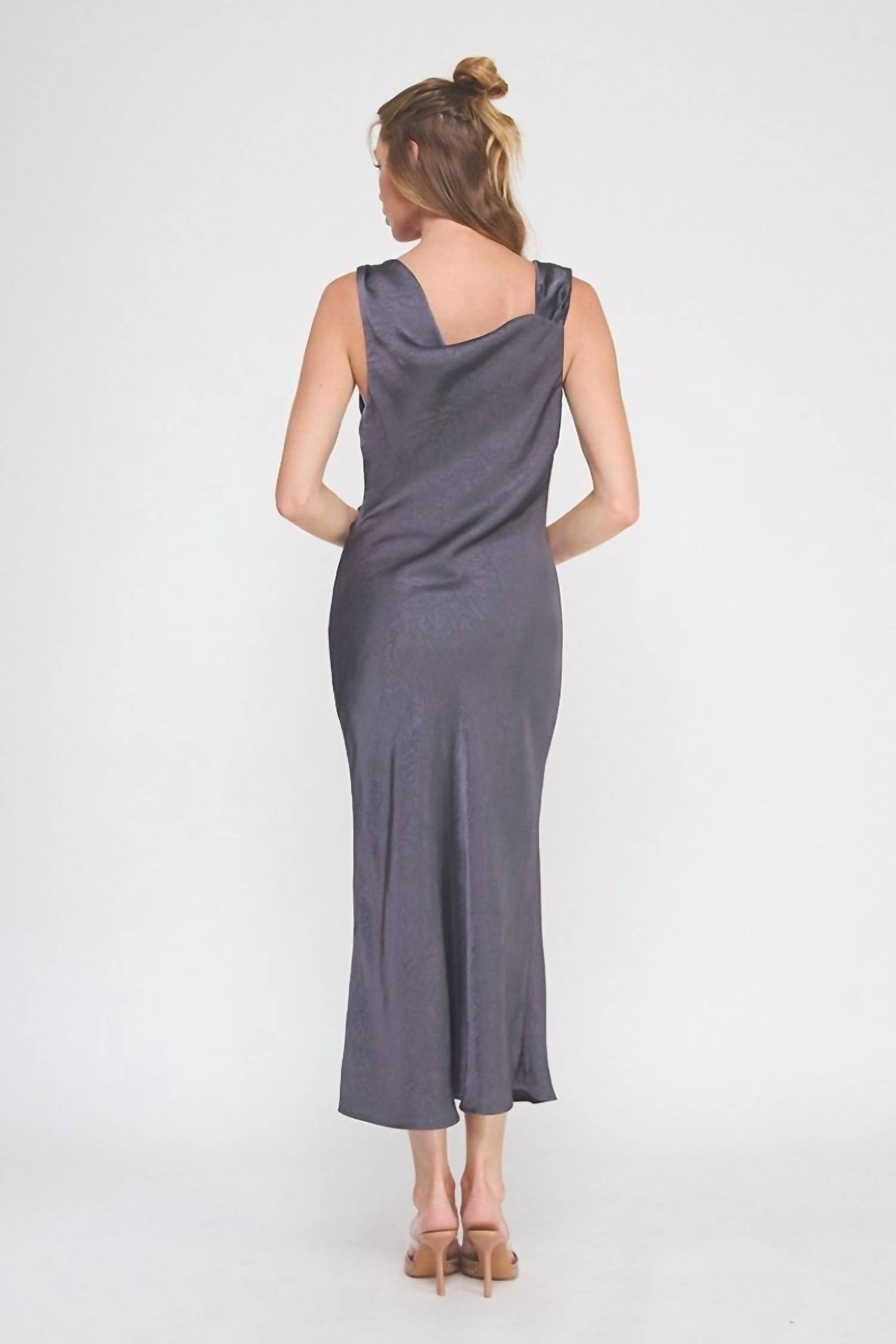 ALLIE ROSE Draped Midi Dress With Brooch Detail in midnight - women's dress - detail view