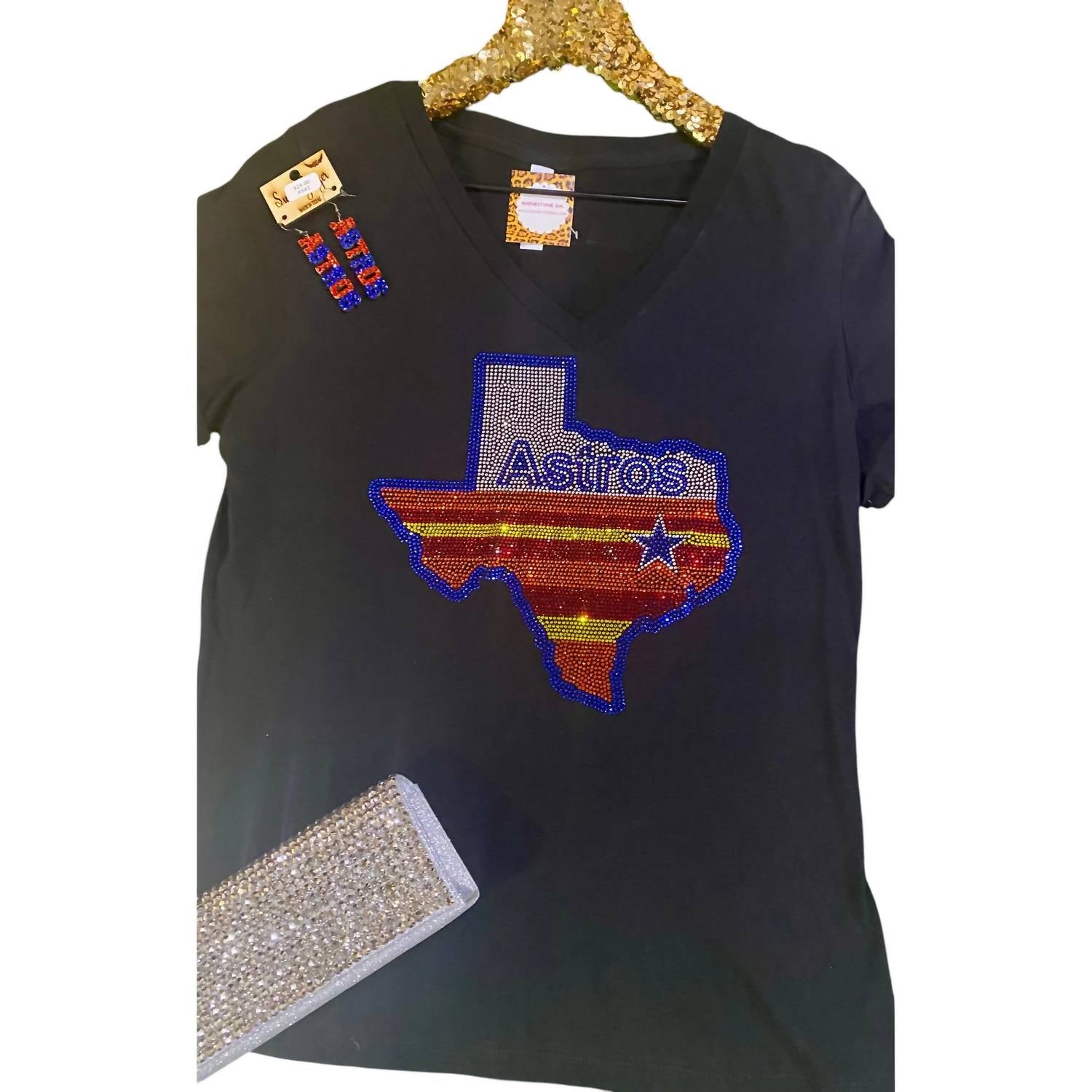 Crystallized By Sparkle - Unisex Crystal Embellished Texas Astros Bling V-neck Tee