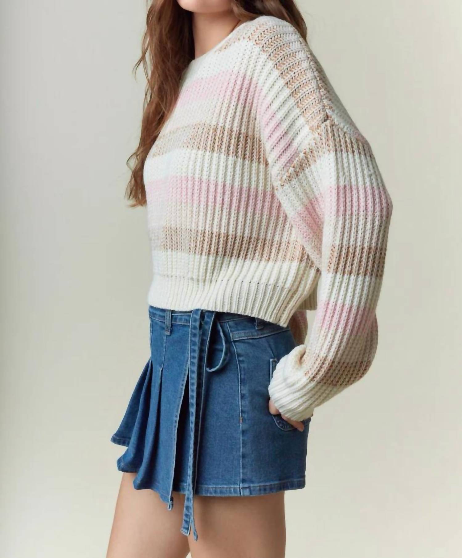 Peach Love Crew Neck Stripe Cropped Sweatshirt in pink multi - women's top - alternate view