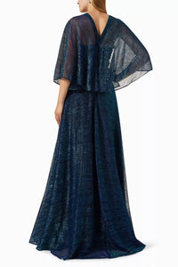 Talbot Runhof - Hottie Metallic Voile 3/4 Sleeve V Neck Gown