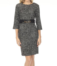 Joseph Ribkoff Faux Leather Detail Tweed Mini Dress in black off white - women's dress