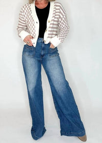Hem & Thread - Stripe And Checker Mixed Crop Sweater Cardigan