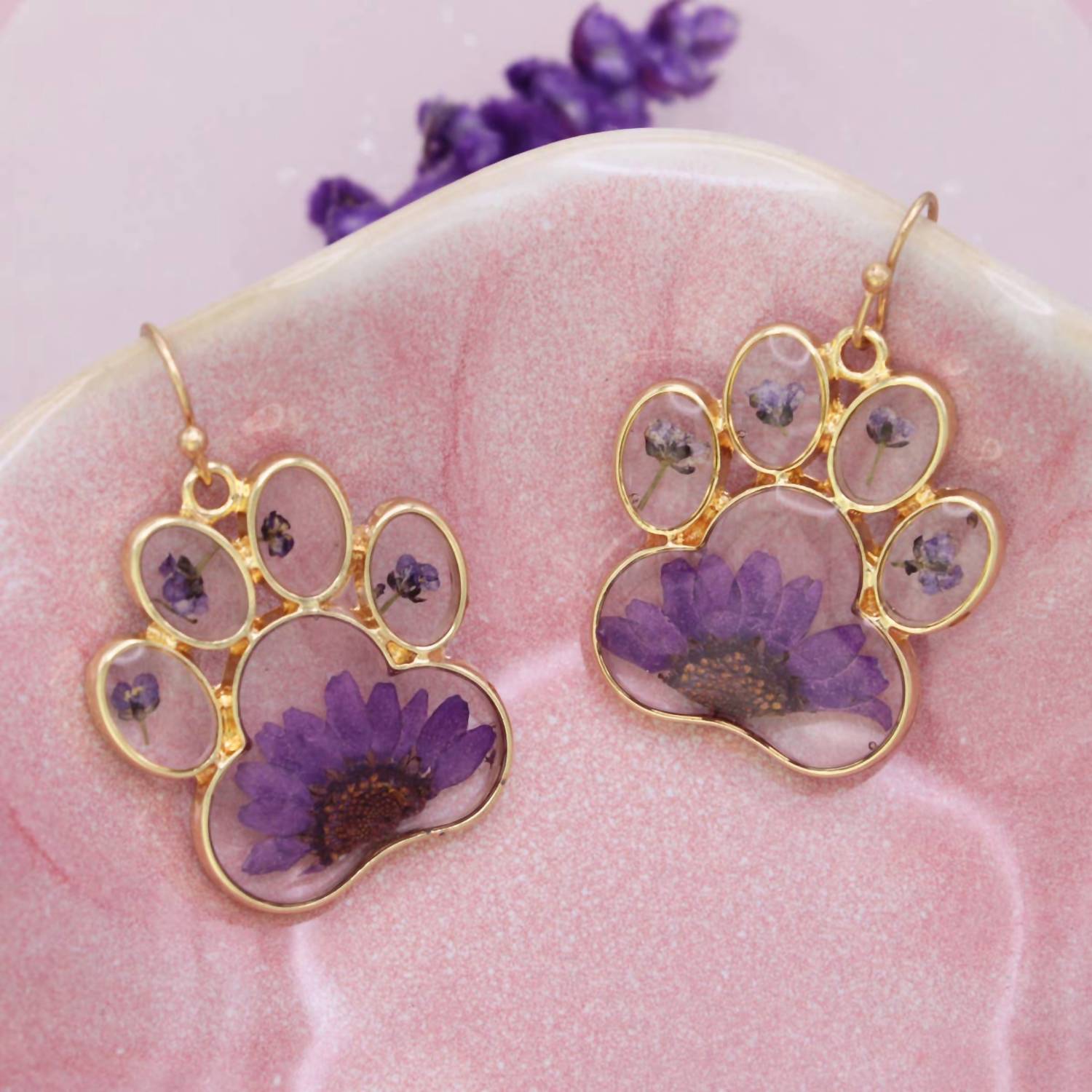 ZAD Women's Dried Flower Paw Print Dangle Earrings in purple - women's jewelry