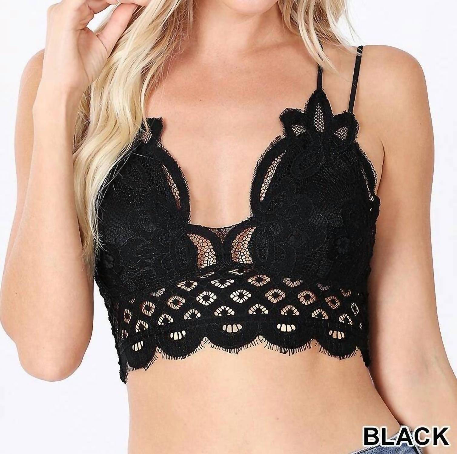 ZENANA Crochet Lace Bralette With Removable Bra Pads in black - women's intimate