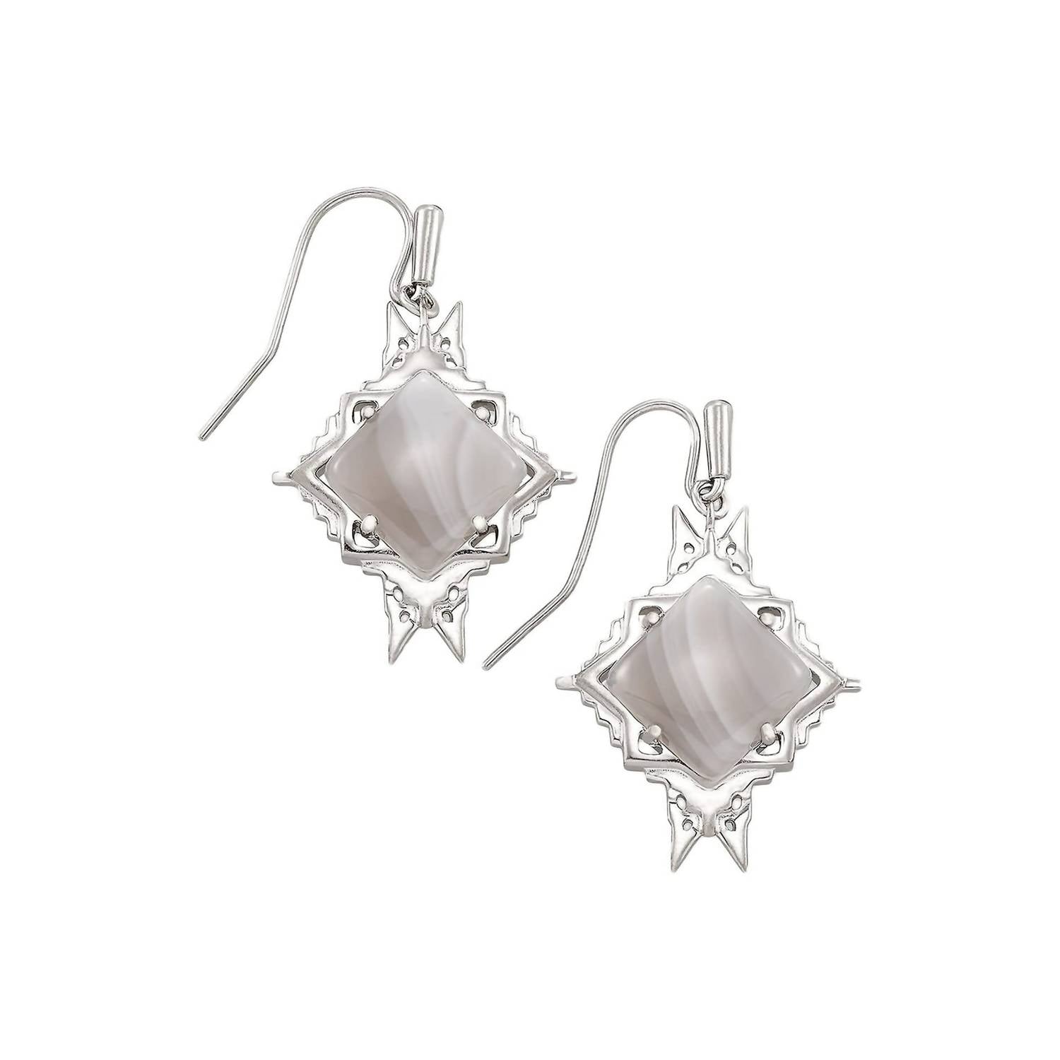 Kendra Scott Women's Cass Drop Rhodium Earrings in gray banded agate - women's jewelry