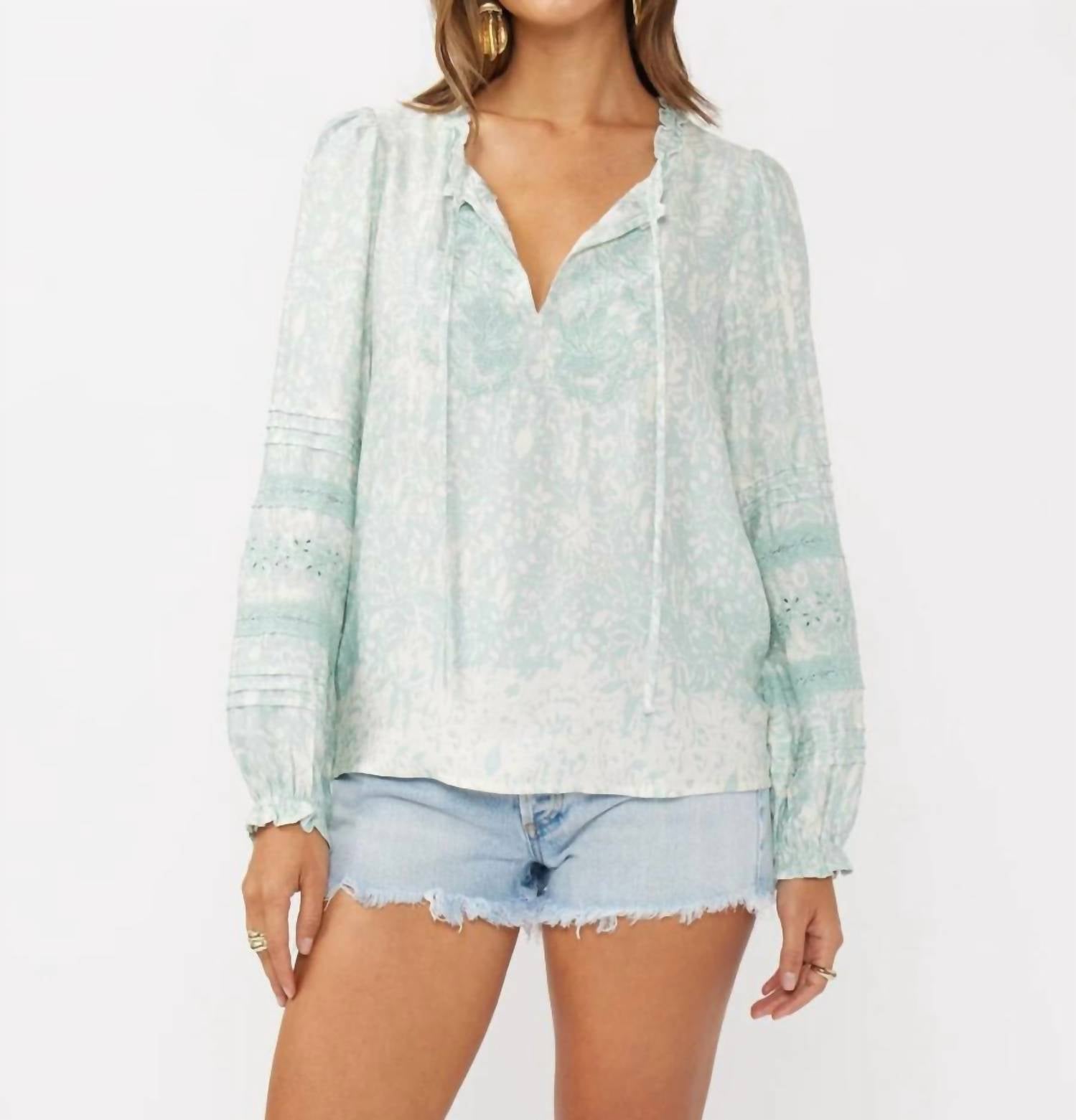 Lovestitch - Women's Floral Embroidered Lace Trim Split Neck Blouse