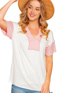 Haptics - VNECK SHORT SLEEVE TOP WITH PINK DETAIL