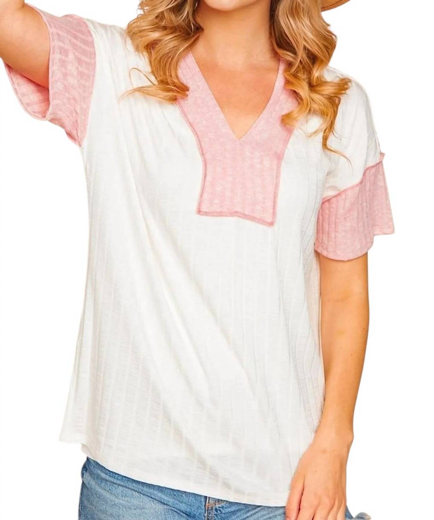 Haptics - VNECK SHORT SLEEVE TOP WITH PINK DETAIL