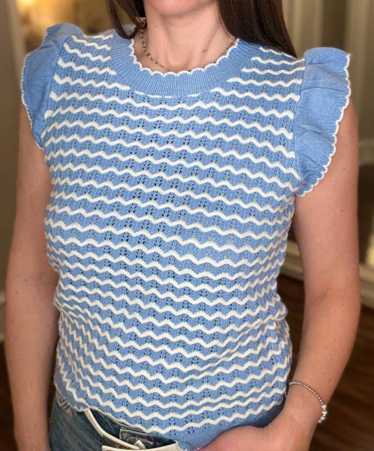 Mary Square Cap Sleeve Sweater Top in blue - women's blouse - detail view