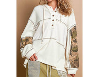POL Printed Camo Sleeve Elbow Patches Top in cream - women's top