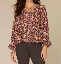 Democracy Long Tie Sleeve V-neck Printed Woven Top in floral - women's blouse