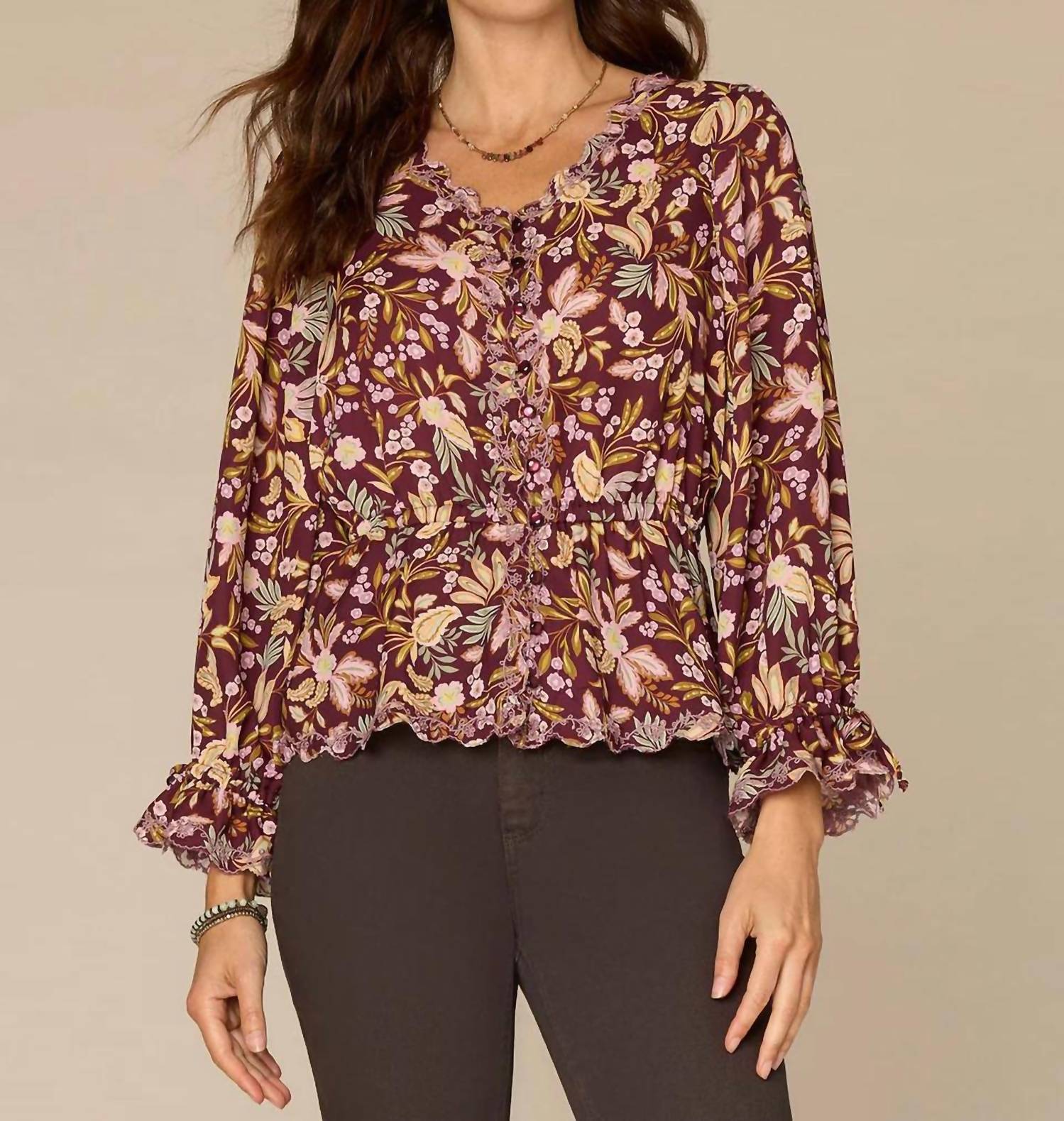 Democracy Long Tie Sleeve V-neck Printed Woven Top in floral - women's blouse
