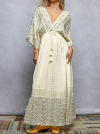 Pol - V-neck Wood Bead Tassel Tie Linen Maxi Dress