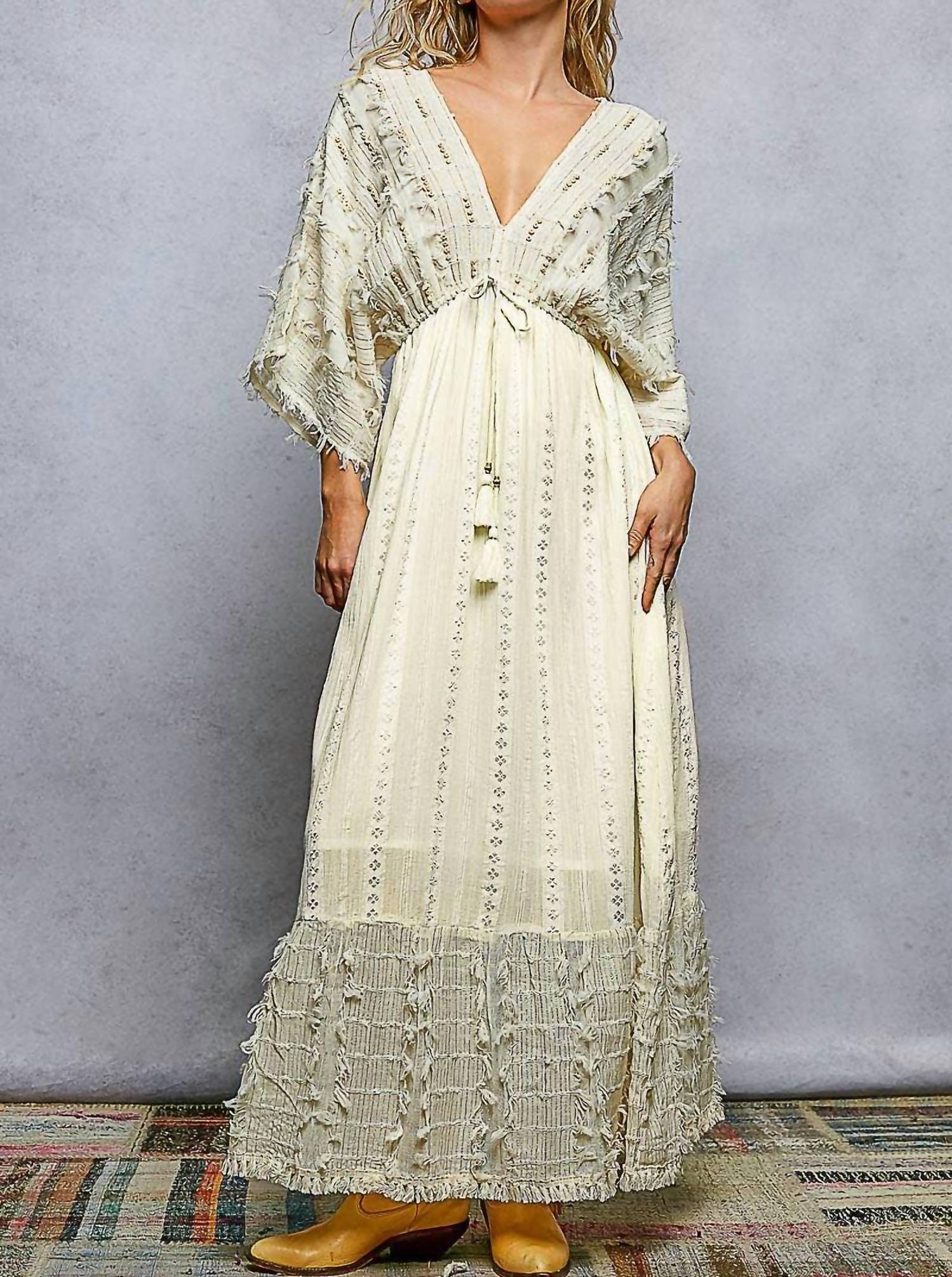 Pol - V-neck Wood Bead Tassel Tie Linen Maxi Dress