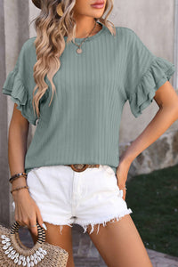 Shewin - Textured Ruffle Sleeve Top