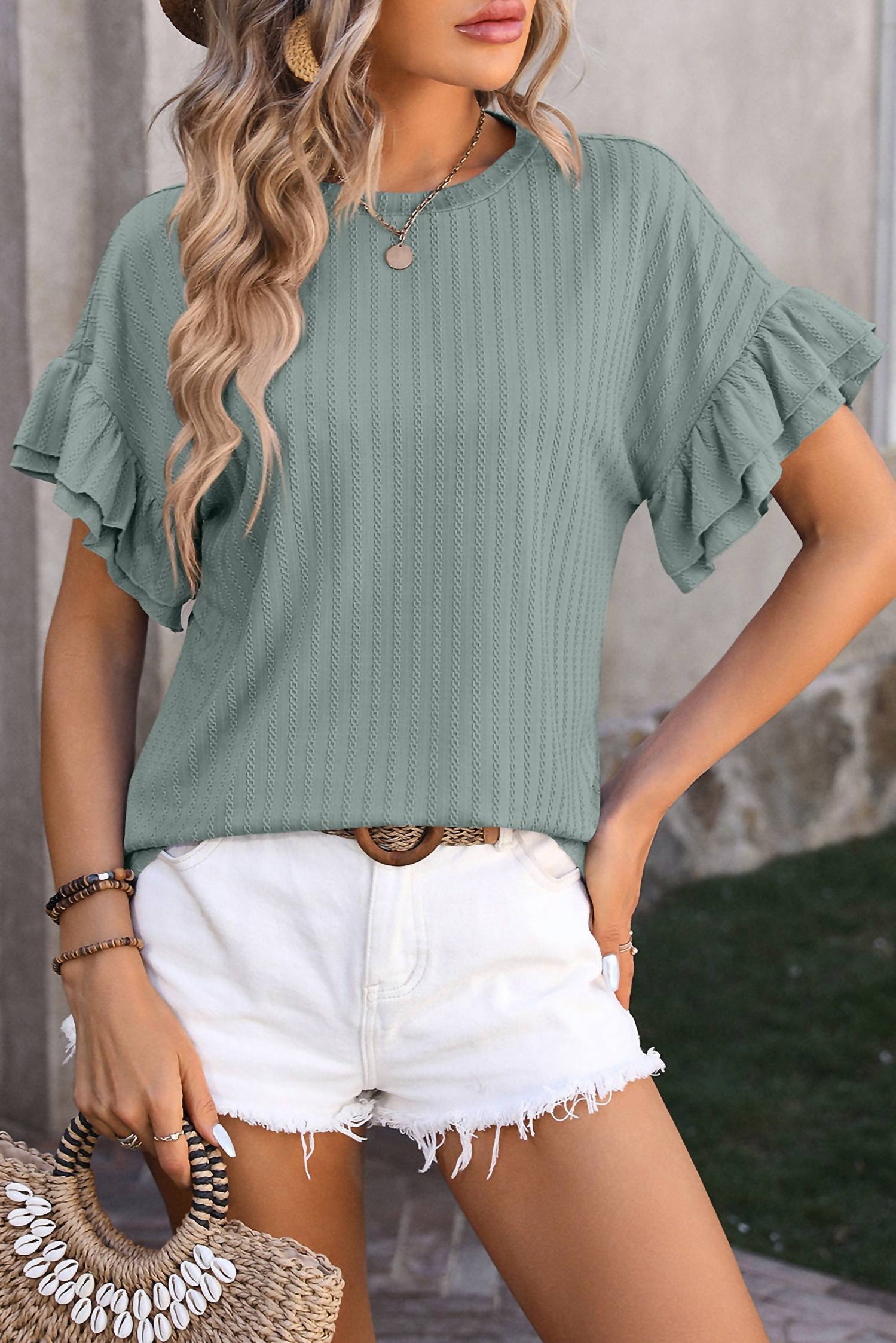 Shewin - Textured Ruffle Sleeve Top