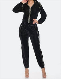 Omg Styles - Ribbed Pearl Trim Velour Jogger Set With Hoodie