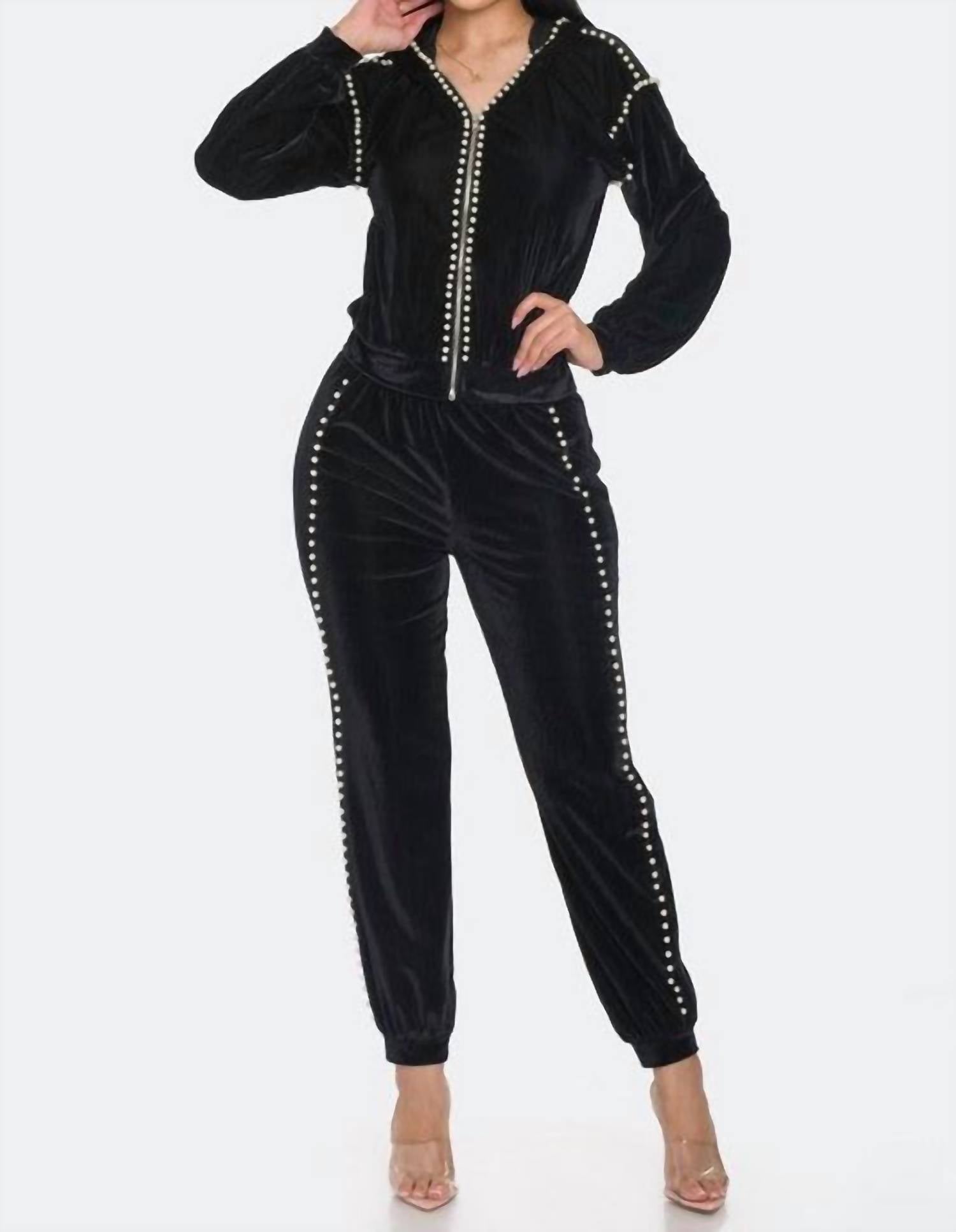 Omg Styles - Ribbed Pearl Trim Velour Jogger Set With Hoodie