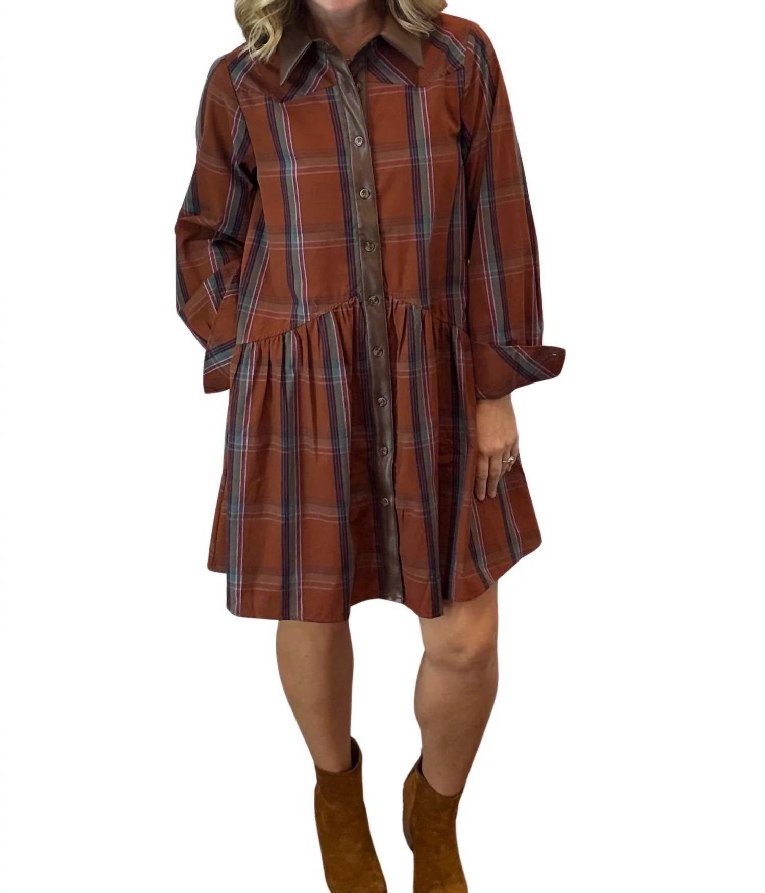 Thml - Plaid Contrast Leather Button Dress