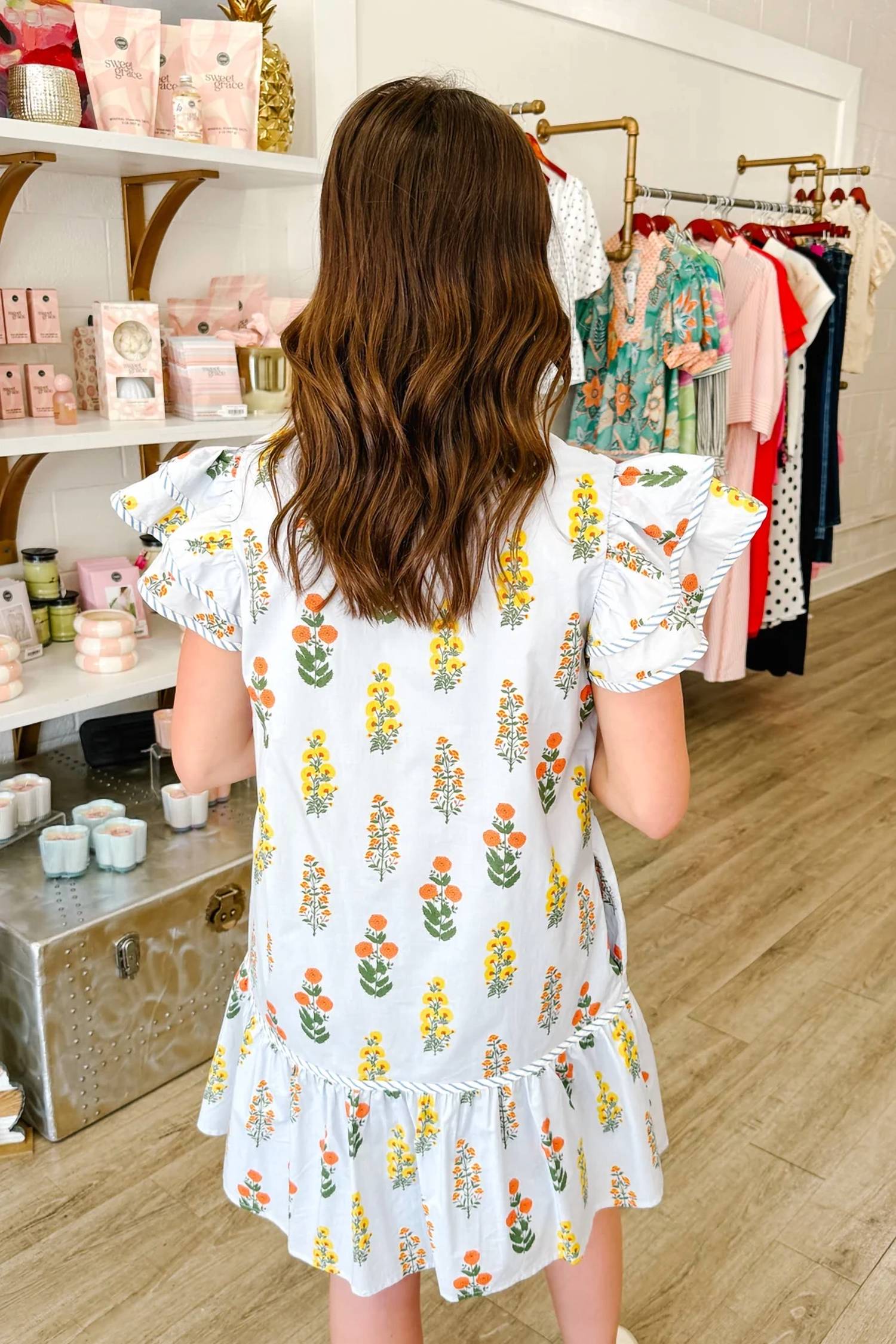 She + Sky - Pleated Floral Dress With Bow