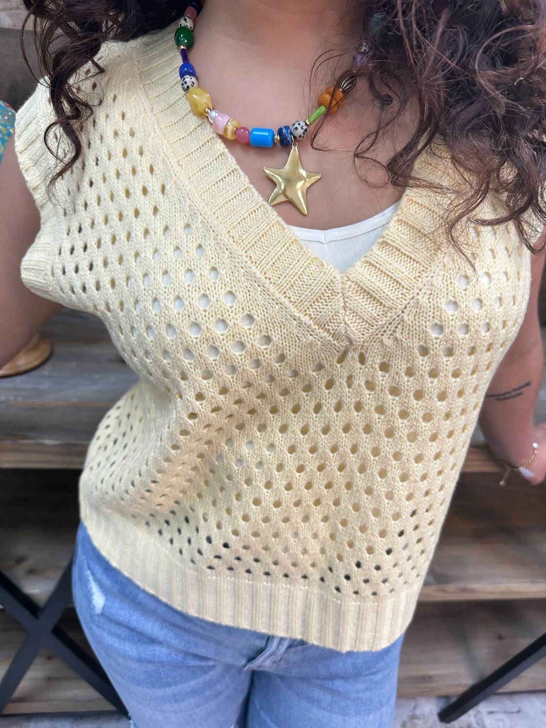 Cozy Co. - Open Knit V Neck Vest